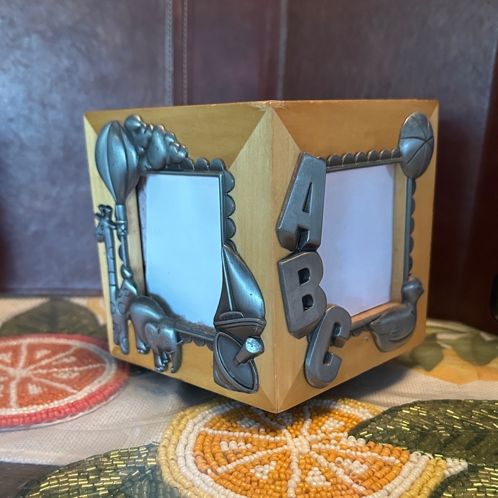 Charming Wooden Photo Cube with Silver ABC Accents